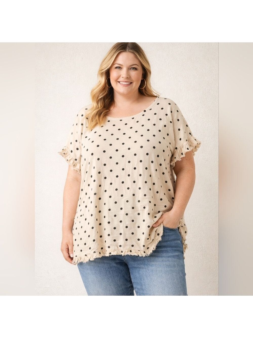 Umgee Beige Polka Dot Cotton Blouse XL Raw Edge Hem